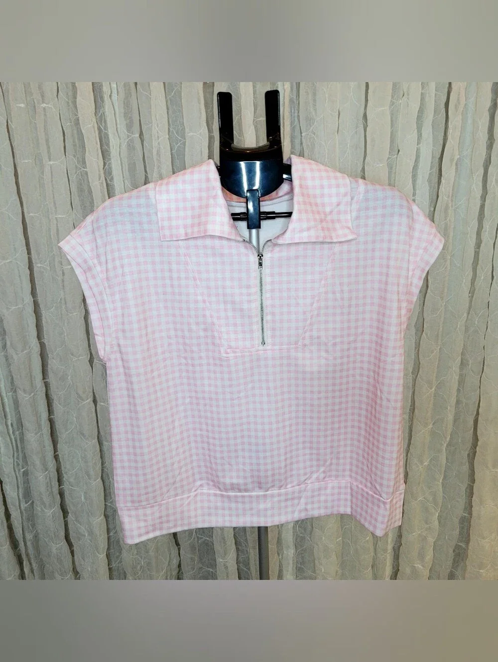 Pink Gingham Plaid 2-Piece Lounge Set L Light French Terry Zip 3/4 Top Shorts